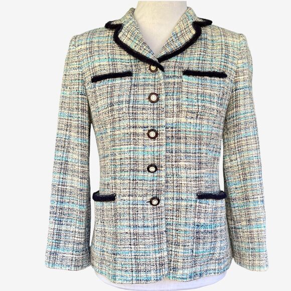 blue tweed woven size 2 Lady jacket navy trim cameo buttons - Picture 1 of 11